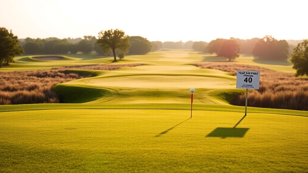 골프 코스의 티잉 구역과 홀 거리 표지판이 있는 장면