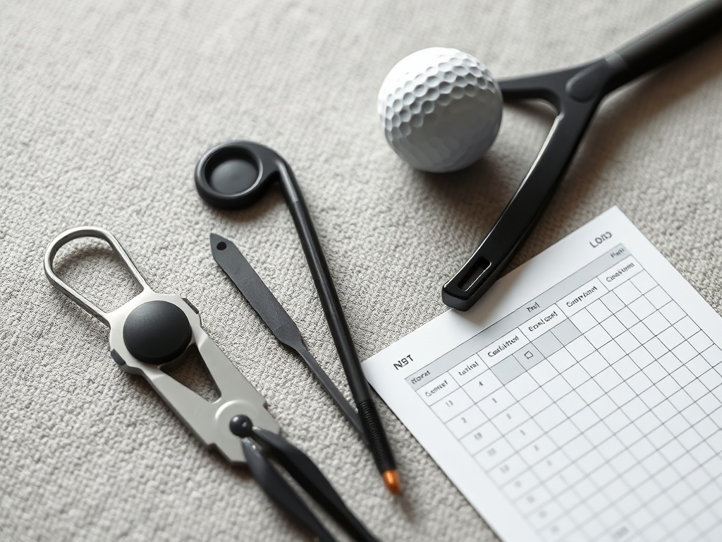 골프 라운드의 스코어카드와 점수 계산 도구가 놓여 있는 모습